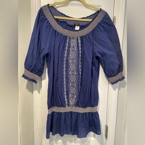 Sam & Max Size XL Blue Cream Embroidered Off the Shoulder Boho Peasant Tunic Top